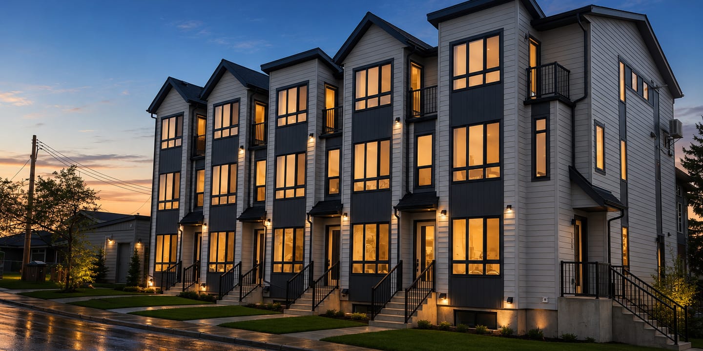 PCH Glenbrook Urban Multi-level Homes at dusk with warm interior lights and wet street reflections