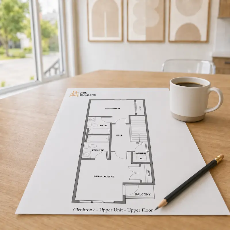 Glenbrook Calgary townhome upper unit floorplan on a desk